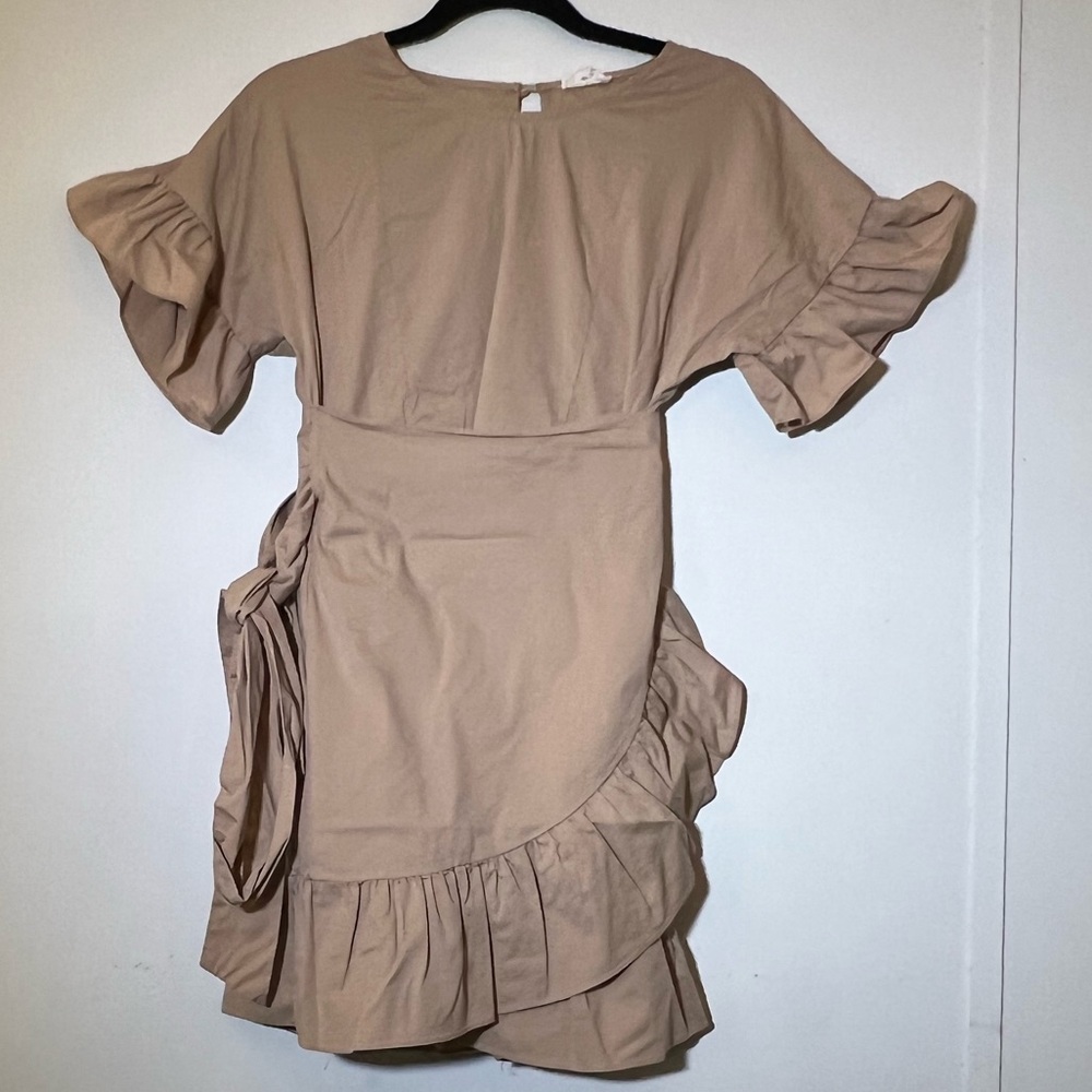 Tea & Cup Tan Ruffle Wrap Mini Dress